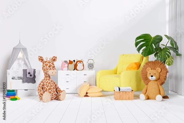 Fototapeta A white nursery room with sofa, cot and stuffed toys, 3d rendered illustration.