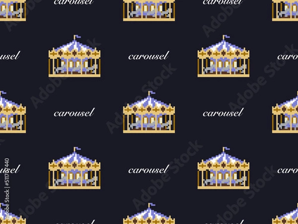 Obraz Carousel cartoon character seamless pattern on black background. Pixel style