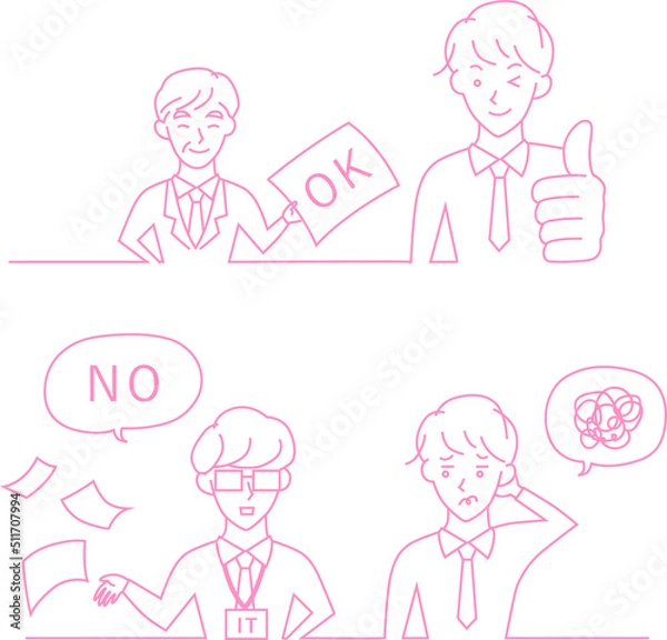 Fototapeta 上司にすんなり承認がとれたサラリーマンと、担当者からNGをくらうサラリーマン　ベクターイラスト