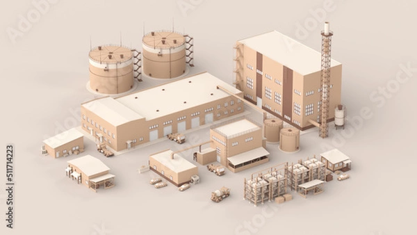 Fototapeta Industrial auto repair with barrels and tanks in isometry. Storage of fuels and lubricants. 3d model of a small plant. 3d render