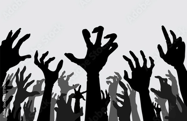 Fototapeta Silhouette Hands and arms of evil spirits rise up a lot at the same time. Illustration about the crowd of zombies and monsters out of Hell, religion, Halloween.