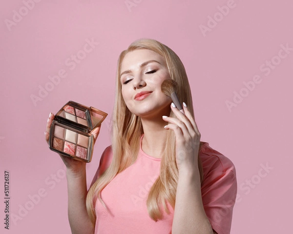 Fototapeta Close up photo of uncertain unsure girl hesitate hold blush blusher dont know apply powder rouge to make visage ideal isolated over pastel color background