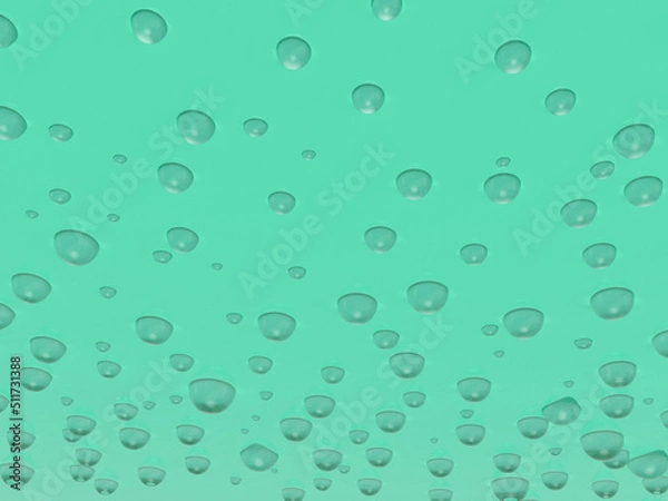 Obraz 緑色のプラスチック樹脂製の壁に水滴の3Dイラストレーション。無数の水滴。結露した壁。