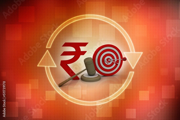 Fototapeta Rupee currency on target . 3D rendering illustration