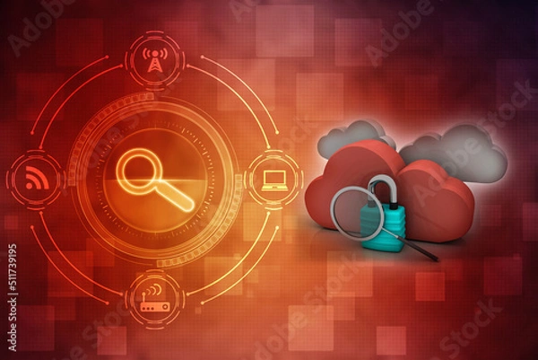 Fototapeta 3d rendering Cloud computing, security searching concept