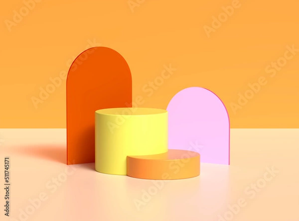 Obraz Geometry blank podium pastel cosmetic stands with colorful arch objects. 3d illustration.