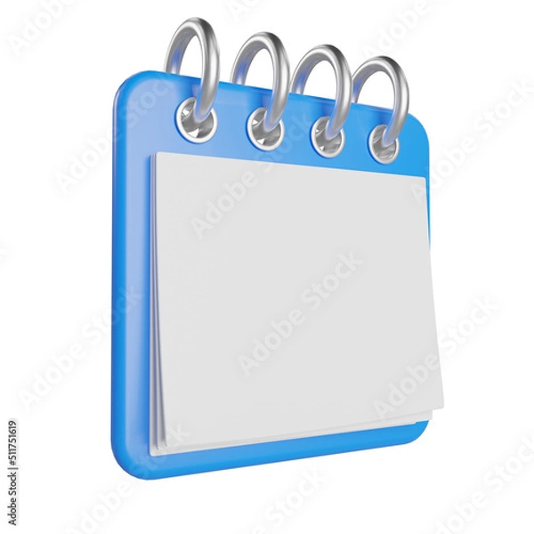Fototapeta Blue flip calendar with white pages side view. Minimalist design planner. Blue calendar icon. Place for text or logo. Isolated. 3d illustration. 3D render.