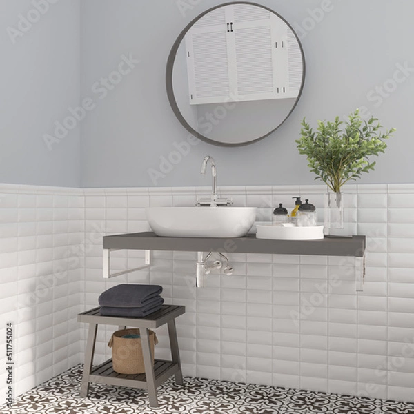 Fototapeta 3d rendering. Modern bathroom interior with stylish mirror and vessel sink. 3d illustration