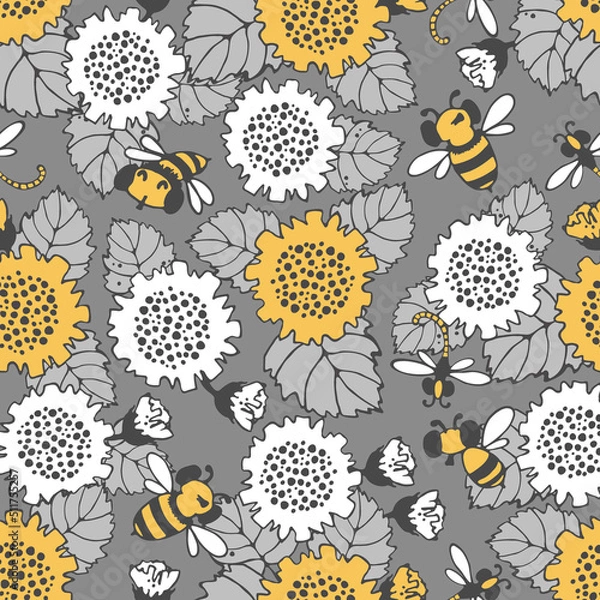 Fototapeta Floral pattern. Seamless vector pattern with large sunflower flowers, bees and dragonflies, small buds on a branch, various foliage. Botanical print printing of fabrics products.