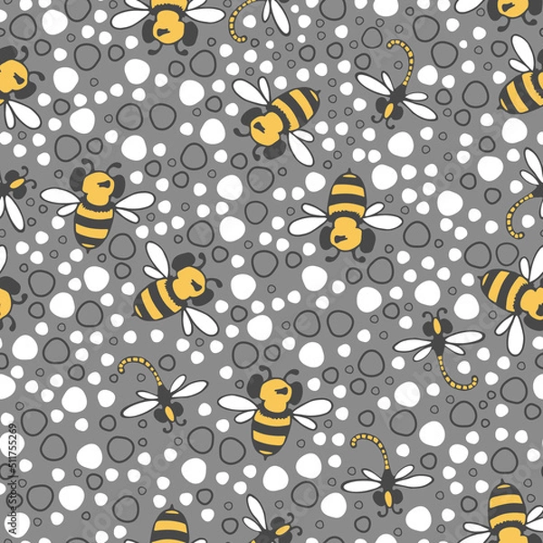 Fototapeta Floral pattern. Seamless vector pattern with bees and small buds on a branch, varied foliage. Botanical print with autumn mood. Vector printing of fabrics and polygraphy products.