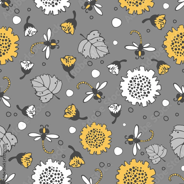 Fototapeta Floral pattern. Seamless vector pattern with bees and dragonflies, small buds on a branch, varied foliage. Botanical print with autumn mood. Vector printing of fabrics and polygraphy products