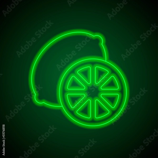 Fototapeta Lemon, slice simple icon vector. Flat design. Green neon on black background with green light.ai