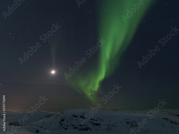 Fototapeta Zimą Księżyc i Aurora Borealis znajdują się na niebie.