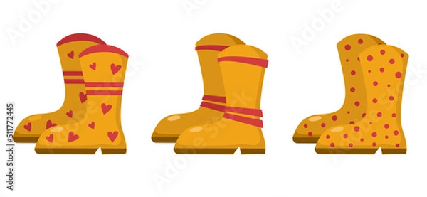 Obraz A set of bright autumn boots in yellow and red in a flat style. Vector image.