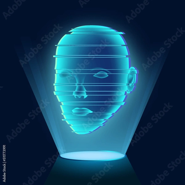 Obraz Blue luminous hologram with a human face on a dark background. Glitch effect. Virtual or augmented reality. Artificial digital human head