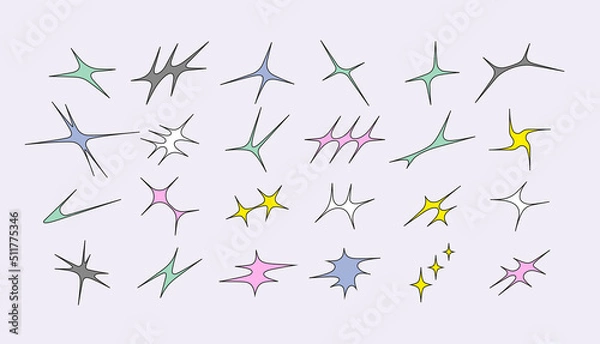 Fototapeta Vector set of comet and star shapes. Y2k shapes of shine, sun, sunbeams, flare and glares in a modern brutalist style.