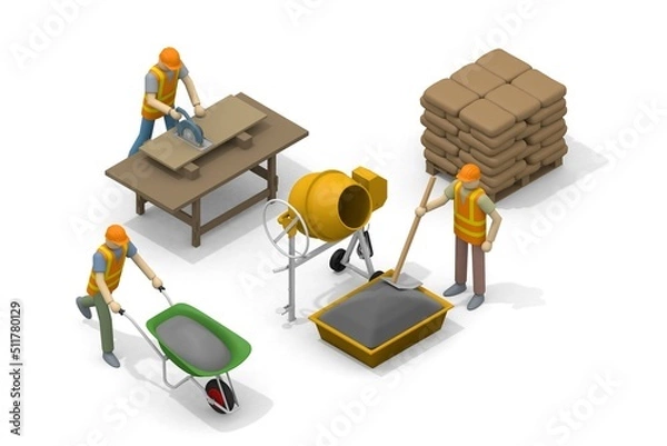 Fototapeta Build a house. People working at the construction site. Building materials. Cut the wood with a saw. Stack blocks.