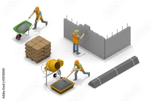 Fototapeta Build a house. People working at the construction site. Building materials. Cut the wood with a saw. Stack blocks.
