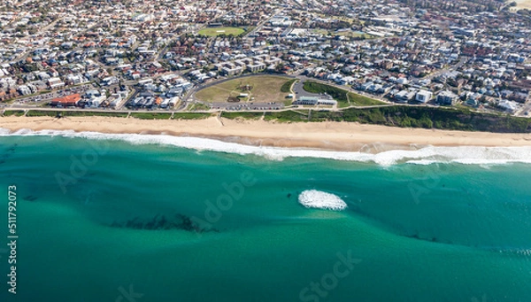 Fototapeta Merewether Beach - Aerial view of one of Newcastle inner city beaches. This area is desirable place to live