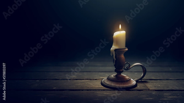Fototapeta Antique brass candle holder with a burning candlestick on a dark wooden background. 3D rendering, illustration