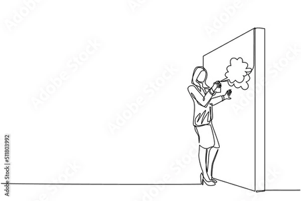 Fototapeta Single one line drawing businesswoman is painting profit graph on the wall. Business and success metaphor concept. Allegory of career growth. Continuous line draw design graphic vector illustration