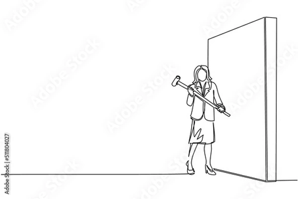 Fototapeta Single continuous line drawing businesswoman standing and holding big hammer while facing the wall. Goal achievement, business strategy. Successful overcoming of problems. One line draw design vector