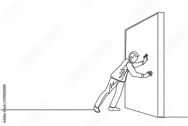 Obraz Single continuous line drawing businessman pushing wall. Successful career and brainstorm, career growth and problem solution, smart idea, professional development concept. One line draw design vector