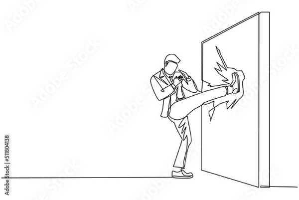 Obraz Single continuous line drawing businessman doing kung fu or karate kick to destroy the brick wall. Business concept of obstacle and solution. Obstruction ruined with force. One line draw design vector