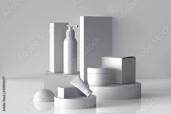 Obraz White cosmetic packaging ant white podium 3d rendering