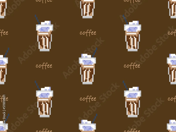Fototapeta Coffee cartoon character seamless pattern on brown background. Pixel style