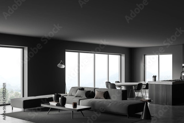 Fototapeta Grey kitchen interior with couch and eating area, panoramic window