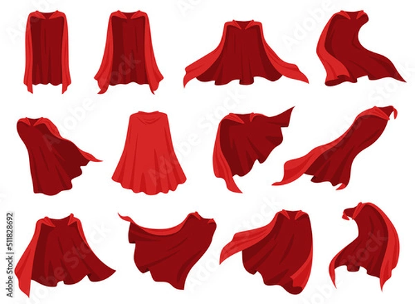 Fototapeta Red superhero cape. Silk cloak with red fabric in different positions. Vector illustration