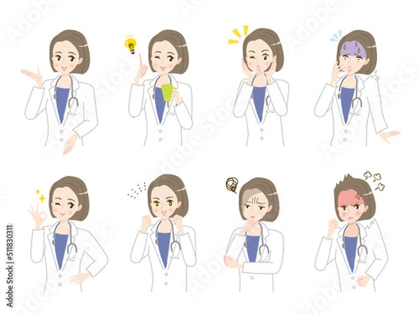 Fototapeta 若い女性医師の表情イラスト素材セット