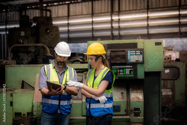 Obraz Caucasian male engineer holding tablet and female engineer in safety uniforms, Looking and discussing detail Inspection and maintenance planning the machinery in heavy industrial manufacturer factory.