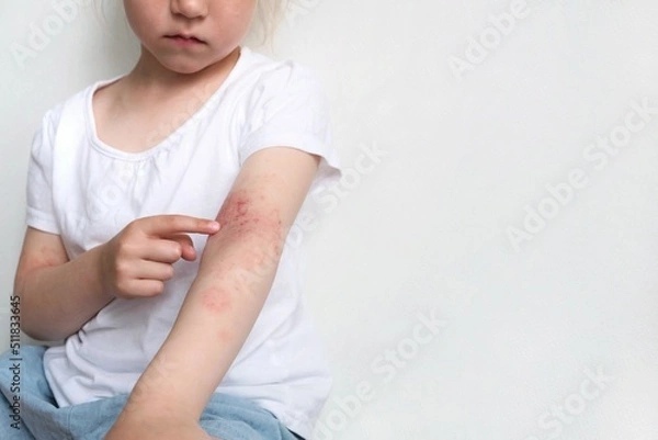 Obraz The child scratches atopic skin. The child applies a special cream to atopic skin. Dermatitis, diathesis, allergy on the child's body.	