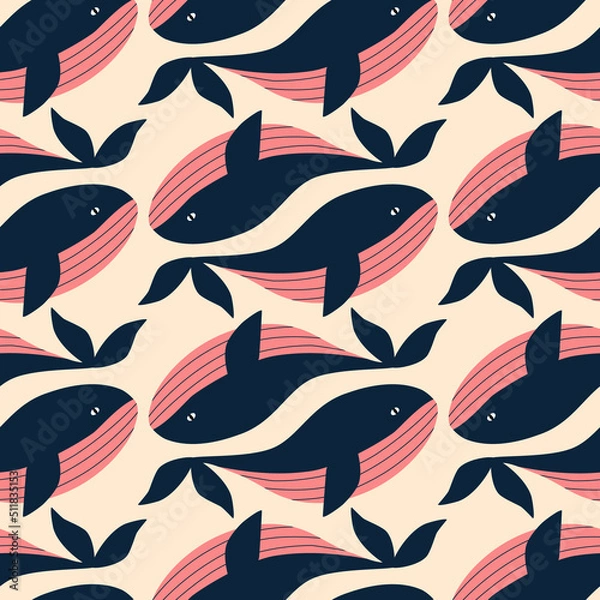 Obraz Creative whales hand drawn vector illustration. Cute ocean animals seamless pattern for children fabric or wallpaper.