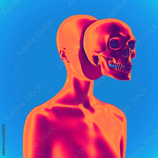Fototapeta Abstract creative illustration from 3D rendering of female bust figure with skull in front of her face.Vaporwave style color palette illustration isolated on background.