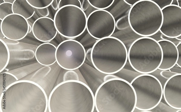Fototapeta Metal pipe stainless stacked wait for material in manufacturing 3D render