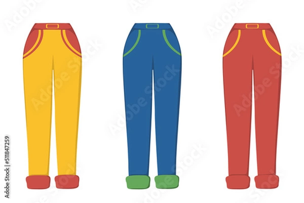 Obraz A set of pants in different colors in a flat style. Vector image.