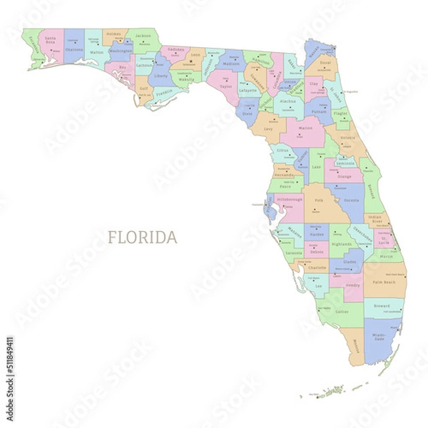 Fototapeta Administrative color map of Florida, American federal state. USA state highly detailed map with territory borders and counties names labeled realistic vector illustration