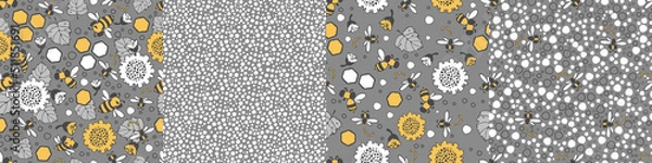 Fototapeta Modern floral pattern set with large sunflower flowers, bees and dragonflies, small buds on a branch, varied foliage. Bitmap, small spots. Modern design for paper, cover, fabric, decor, print