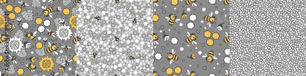 Fototapeta Modern floral pattern set with large sunflower flowers, bees and dragonflies, small buds on a branch, varied foliage. Bitmap, small spots. Modern design for paper, cover, fabric, decor, print