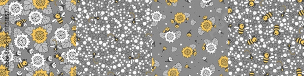 Fototapeta Modern floral pattern set with large sunflower flowers, bees and dragonflies, small buds on a branch, varied foliage. Bitmap, small spots. Modern design for paper, cover, fabric, decor, print