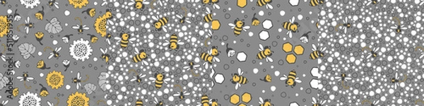 Fototapeta Modern floral pattern with large sunflower flowers, bees and dragonflies, small buds on a branch, varied foliage. Bitmap, small spots. Modern design for paper, cover, fabric, decor, print.