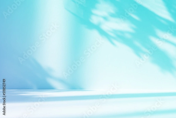 Fototapeta Abstract gradient blue studio background for product presentation. Empty room with shadows of window and flowers and palm leaves . 3d room with copy space. Summer concert. Blurred backdrop.