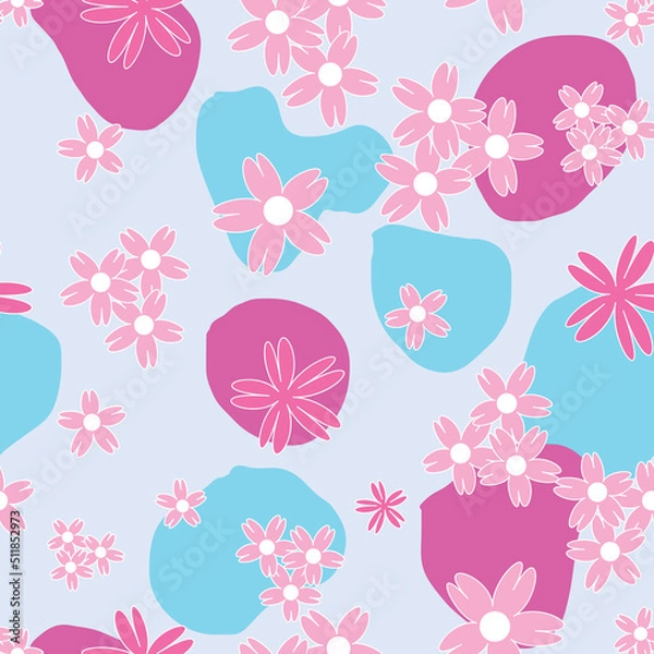 Fototapeta Vector blue background white pink cherry tree flowers and cherry blossom sakura flowers. Seamless pattern background