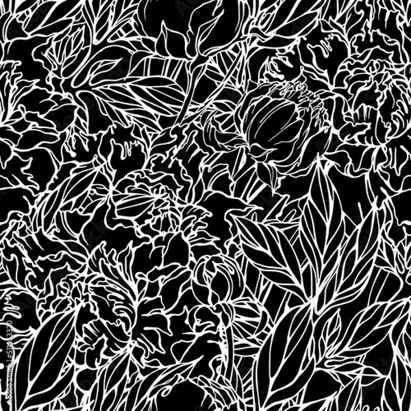 Obraz Vector floral seamless pattern with peonies flowers and leaves. White outline on black. Monochrome design for textile, wallpaper, wrapping paper.