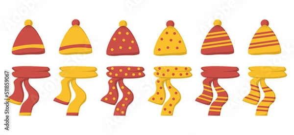 Obraz A set of autumn scarves and hats in red and yellow colors in a flat style. Vector image.