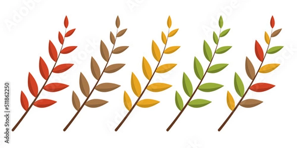 Obraz A set of autumn leaves on branches in different colors in a flat style. Vector image.