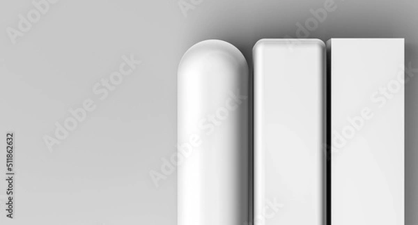 Fototapeta White metallic rounded squares of various shapes. The design is white and grey. Monochrome white light design for text. The background is white with rounded squares for inserting text. 3D render.